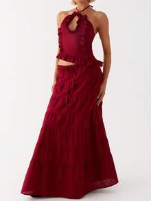 Y2k Maxi Skirt Set For Women Backless Lace Halter Top And Pleated Flowy Skirt Sets Beach Sheer Dress Summer 2 Piece Outfit Beach Set - 紅色 - 查看 3