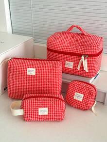 1 pieza Bolsa de cosméticos acolchada a cuadros rojos de gran capacidad, bolsa de maquillaje portátil de moda, bolsa de maquillaje de viaje para niñas, bolsa de almacenamiento multifuncional para lápiz labial, toallas sanitarias, monedas, llaves, pinzas para el cabello, lazos para el cabello, linda bolsa de aseo, organizador de viaje, bolsa de cosméticos, regalo del Día de la Madre, regalo de regreso a la escuela, regalo de Año Nuevo, artículo de viaje esencial, bolsa de útiles escolares de vacaciones/verano, bolsa de viaje para estudiantes, bolsa de cosméticos de viaje para mujeres - Rojo - Ver 19