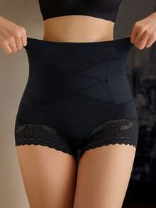 高腰收腹无缝蕾丝拼接女士三角内裤，纯色性感不卷边塑形三角裤 - 黑色 - 查看 2