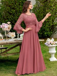 MIUSOL Sequin Floral Lace Flare Sleeve Contrast Chiffon Formal Party Maxi Dress, Elegant Party, For Wedding Guest, Graduation, Dinner,Gown,Evening