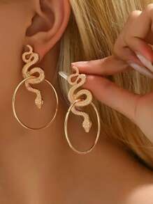 1 Pair Vintage Geometric Big Round Hoop & Snake Pendant Earrings, Exaggerated Minimalist Style