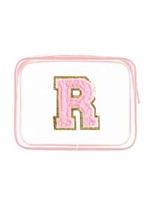 1个透明PVC便携式收纳袋，带毛巾，绣有字母A-Z，大容量化妆品收纳包，防水，带拉链，化妆包，化妆品袋，旅行收纳包，美妆包，可装口红