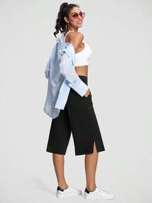 ISEEGZ Women's Wide Leg Yoga Capris High Waist Loose Fit Dress Pants With Pockets Casual Lounge Capri Pants For Women - 黑色 - 查看 4