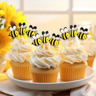 10 قطع غطاء كب كيك مصنوع من الطبقة المزدوجة للنحل - بلاستيك مع ظهر لاصق وكرتون ، مناسب لحفلات بموضوع النحل ، الأعراس ، أعياد الميلاد وكشف جنس الطفل ، ألوان متعددة من الأصفر والأسود المخطط