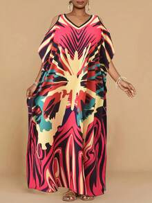 1 件女式传统长袍，休闲海滩度假纯色开衩和全身印花镂空长袍罩衫 - 彩色 - 查看 3