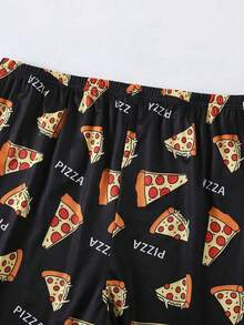 2pcs Pizza & Coffee Cartoon Print Loose Fit Drawstring Shorts, Men Casual Home Pants, Summer - Black - View 5