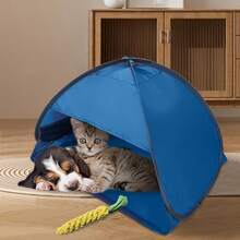 1个蓝色猫帐篷，大型洞穴床，适合室内猫咪和小型犬，便携式狗帐篷，带黄色胡萝卜图案，也可作为户外小型帐篷使用，尺寸：27.5 x 19.7 x 17.7 英寸 - 彩色 - 查看 5