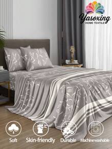 4pcs/Set Botanical Grey Flower Pattern Sheet Set Easy Care Microfiber Soft Bedding Set Floral Fitted Sheet Set (1pc Flat Sheet+1pc Fitted Sheet+2pcs Pillowcases)Fitted Sheet Set King Queen Full TWIN SIZE Sheet Deep Pocket Up To 11.8 Inch Pillowcase, Soft Breathable Wrinkle-Free Better For Sleep, Luxury Hotel Style, Gift For Mom Dad Friend Domitory Bedding Back School Bedding