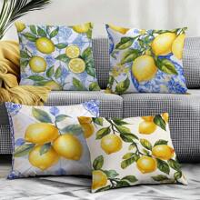 4 pièces Set de housse de coussin thème citron bleu d'été, imprimé sur un seul côté en velours pêche, 45*45CM/18*18 pouces, pour la décoration d'un canapé moderne, la décoration de fête, un cadeau