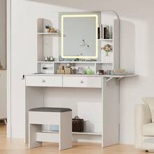 Makeup Vanity Desk With Mirror And Lights, White Make Up Vanity With Fold-Up Panel, 2 Drawers & 4 Hooks,Adjustable 3 Led - Multicolor - View 7