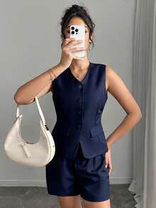 Frühling/Sommer Neu Modisch Elegantes Taillen raffendes Weste & Kurze Hose Set mit Gummibund, einfarbiger plissierter Anzug, geeignet für Strand, Abenddate, Büro, Zuhause, Straße, Garten und formelle Abendveranstaltungen