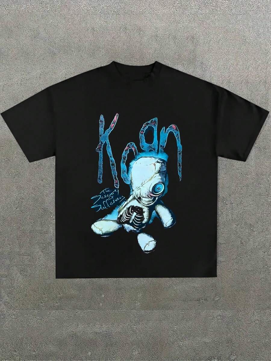 Dise?o de un mu?eco destrozado con texto en un estilo oscuro,Camiseta casual de cuello redondo y manga corta con estampado,adecuada para uso diario en primavera y verano,unisex