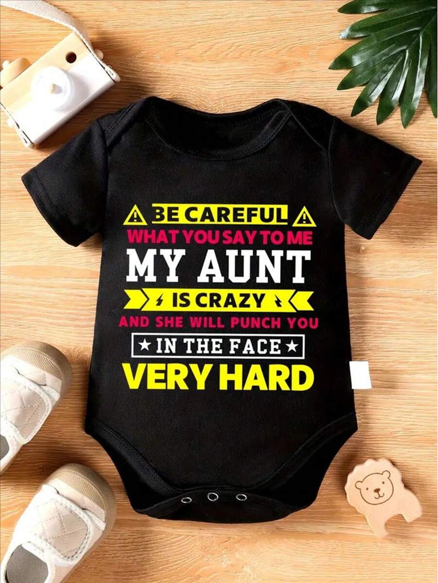 Children's Triangle Body Suit Be Careful What You Say To Me My Aunt Letter Print Newborn Cute Short Sleeve Crawling Suit Diaper Cover, Perfect For Outdoor Bodysuit - 黑色 - 查看 1