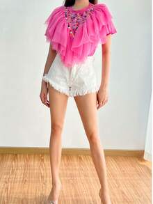 Womens  Colorblock  Cut & Sew  Textured Pattern  Casual  Glass Rhinestone  Asymmetrical    Round Neckline Tees  Daily  Birthday Party  Travel - 粉色 - 查看 3