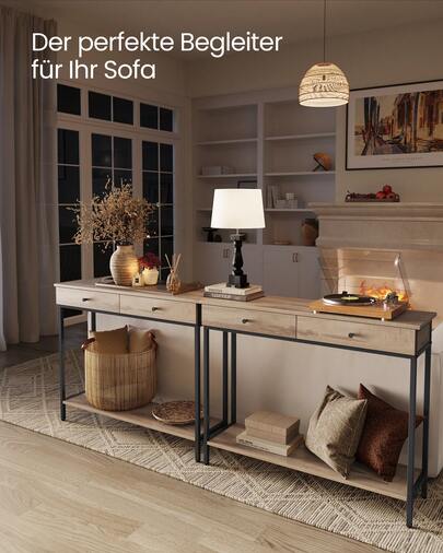 Konsolentisch, Flurtisch, Beistelltisch, Sofatisch mit 2 Schubladen, Stahlgestell, Flur, Wohnzimmer, Industrie-Design,Kamelbraun-Tintenschwarz