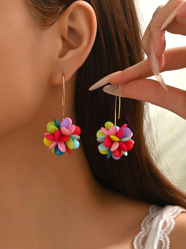 1 Pair Bohemian Woven Beaded Ball Earrings For Women (Bead Color Randomly Sent)