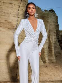 Elegant Twisted Rhinestone Embellished Flared Jumpsuit, Suitable For Party, Holiday Event Attire - White - View 7