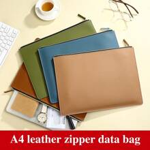Leather Business A4 File Folder Zipper Document Bag Contract File Organizer Briefcase Portfolio,Bag For Contract/Invoice Storage,Back To School,School Supplies