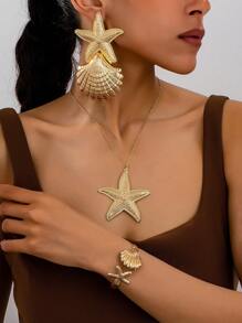 4pcs Exaggerated Sexy Metal Starfish, Shell, Spiral Design Bracelet Necklace Earrings Jewelry Set, Perfect For Charming Ladies, Dancing, Festivals, Outfits, Swimwear, All Season