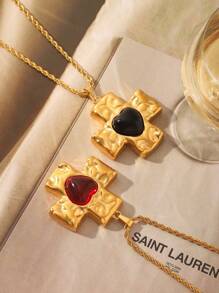 1 pieza/2 piezas, Collar con dije de cruz de acero inoxidable chapado en oro de 18k con ágata roja y obsidiana negra, joyería de lujo clásica de acero inoxidable para mujer, regalo para boda, graduación o festivo