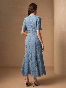 Women's Elegant Floral Applique Back Zipper Flared Dress Summer - Dusty Blue - View 2