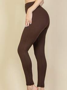 Solid Casual Active High Waist Elastic Waistband Leggings Women's Clothing - 巧克力棕 - 查看 2