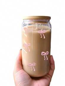 1 件，粉色蝴蝶结图案 16 盎司透明咖啡杯，配竹盖和吸管，大容量户外旅行便携式饮料果汁杯，夏季和冬季饮具，生日节日派对礼物，送给情侣的礼物，适用于各种场景，户外必备