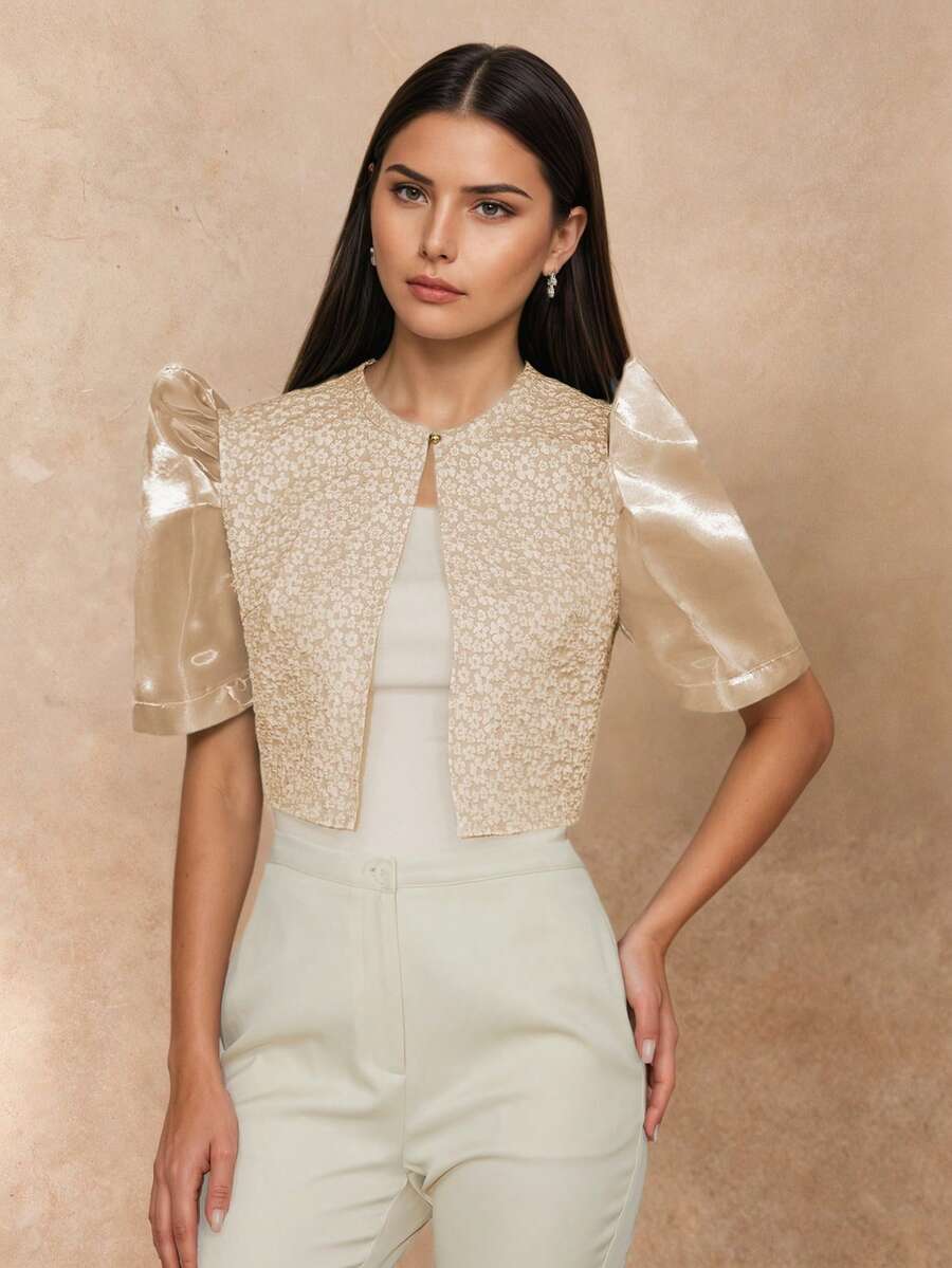 现代菲律宾女式碎花泡泡袖短袖短款开衫,春夏 Terno - 香檳色 - 查看 1