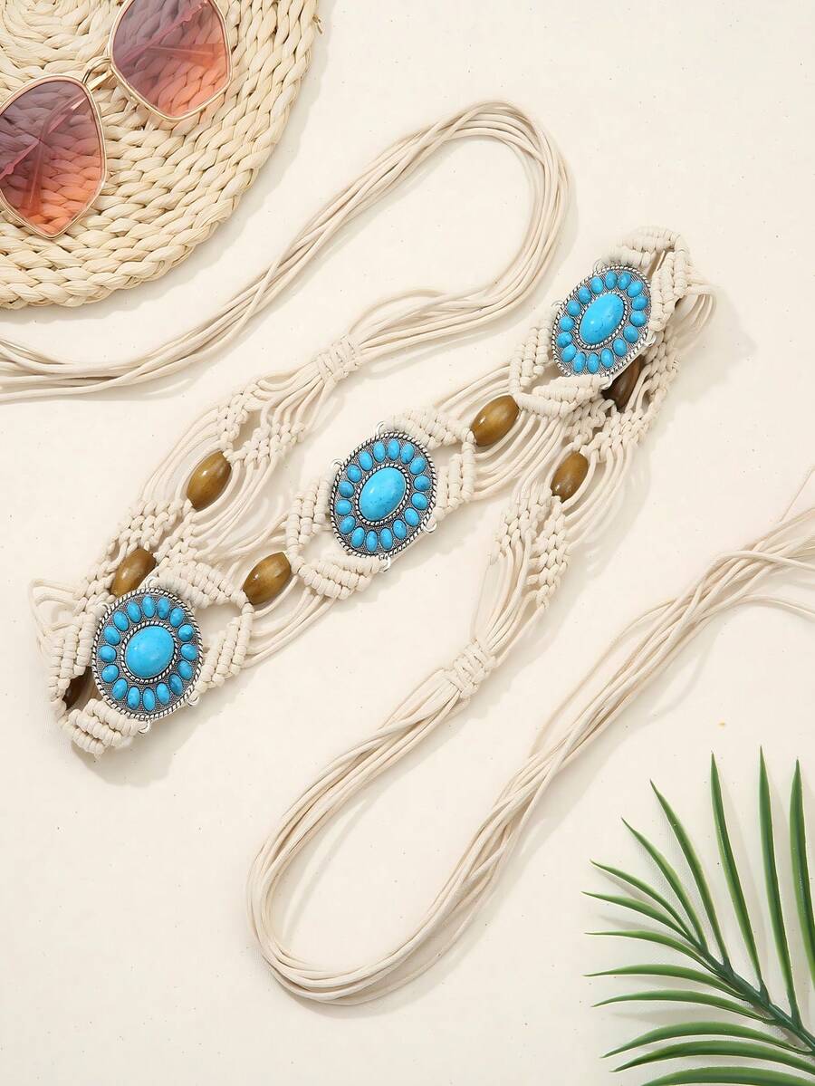 1 قطعة سلسلة خصر للنساء مصنوعة من حبل شمع مغزول بنسيج بوهيمي أزرق فيروزي، مناسبة للحفلات والشاطئ - متعدد الألوان - مشاهدة 1