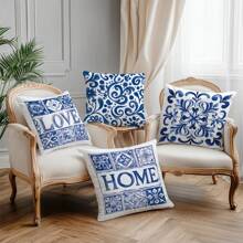 4PCS Blue And White Porcelain Floral "LOVE" "HOME" Letter Pattern Pillow Covers [Without Pillow Inserts], 17.7*17.7in(45*45cm), [Single-Sided Printing], Polyester Decor Pillow Cases, Home Decor, Bedroom Decor, Room Decoration For Sofa, Bed, Living Room, Bedroom, Car, Office, Hotel, Perfect Gift For Family And Friends, All Seasons