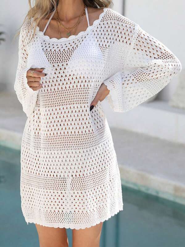 Jeanswest Women's Wave Hem Hollow Knitted Beach Cover Up, 2025 New Cross-Border European And American Style Loose Solid Color Vacation Beachwear