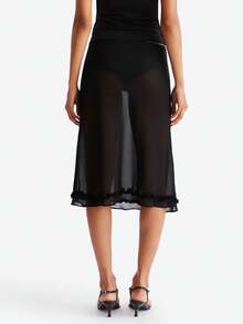 Women Polka Dot Sheer Skirt Mesh See Through Midi Skirts Summer Swimsuit Cover Up See-Through Beach Ruffled Hem Skirt - 黑色 - 查看 7