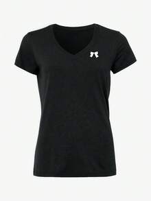 女士甜心领基础款T恤上衣，健身跑步瑜伽户外短袖T恤，蝴蝶印花休闲运动款 - 黑色 - 查看 3