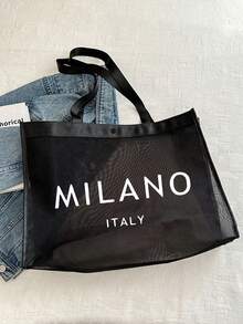 大容量网状单肩包和便捷化妆包，印有“Milano”字样，便携式海滩度假大容量手提包，网状沙滩包，便携式网状透明化妆包，储物袋，是理想的购物袋 - 黑色 - 查看 2