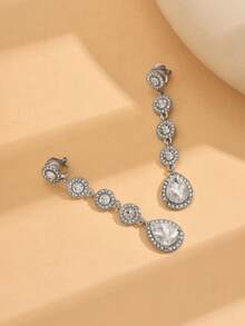 1 par de pendientes de clip con forma de lágrima con incrustaciones de rhinestone, adecuados para uso diario y fiestas para mujeres - Plateado - Ver 5