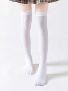 1 Pair Women 80D Velvet Solid Color Thigh High Stockings - White - View 1