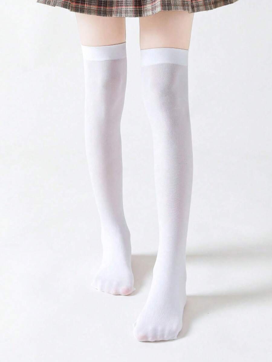 1 Pair Women 80D Velvet Solid Color Thigh High Stockings - White - View 1