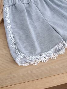2pcs/Set Girls Casual Fashionable Lace Hooded Sleeveless Top And Shorts Set, Summer - Grey - View 8