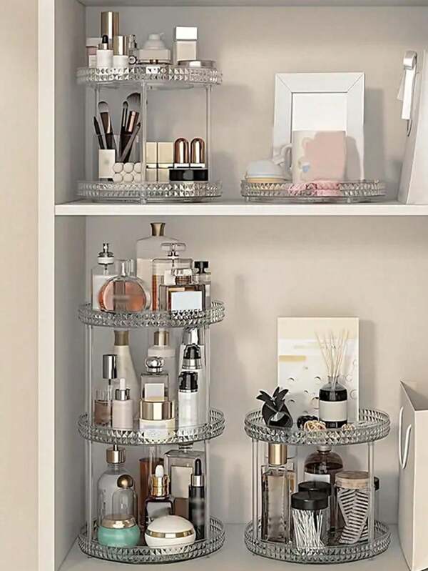 1pc 360° Rotating Storage Rack, 3-Tier Multipurpose Makeup Organizer, Bookshelf, Desktop Tray, Suitable For Makeup Brushes, Skincare Products, Perfumes, Bathroom, Kitchen Countertop