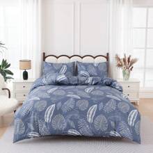 3 PiecesBlue Tropical Plant Branch And Leaf Printed Duvet Cover Set (2*Pillowcase, 1*Duvet Cover, No Core) 100% Polyester, Soft, Comfortable, Breathable, Zipper Closure, Suitable For All Seasons Suitable For Bedrooms, Guest Rooms And Dormitories.