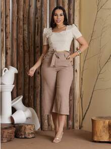 Women's Pantacourt Linen High Waist Trousers With Bow And Pockets - 摩卡棕 - 查看 3