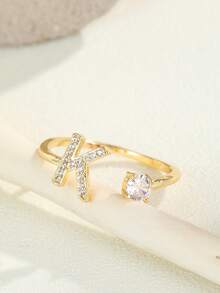 优雅奢华金色字母 A-Z CZ 戒指，人造锆石可调节女士派对/约会礼物 - 金色 - 查看 1