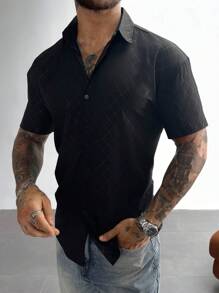 Men's Dress Shirts,Solid Color Geometric Diamond Check Short Sleeve Shirt,Button-Down Business-Casual Shirts With A Regular Fit, Which Are Highly Suitable For Wearing At Wedding Parties, At Work Or In The Office,For Father's Day Gift