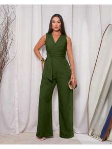 Long Wrap Jumpsuit With V-Neckline - Army Green - View 1