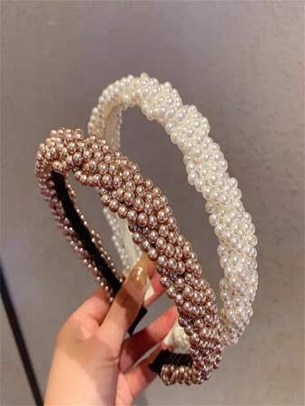 2 piezas Diademas retro de perlas falsas - Set de diademas de perlas, diademas retro elegantes de perlas falsas de un solo color, de estilo minimalista, dulce y extrovertido, multifuncionales, adecuadas como accesorios para el cabello de mujer, diademas para uso diario, al aire libre, fiestas, bodas y citas, así como regalos pensados para mejores amigas y madres