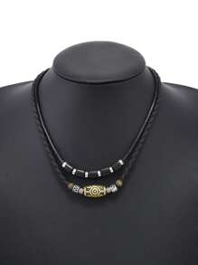 1pc Retro Punk Style Personalized Necklace Bracelet Set, Woven Wax Rope Vintage Pendant Choker Necklace Beaded Bracelet Jewelry Accessories, Suitable For Daily Wear, Gift For Friends And Family