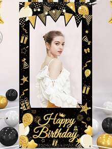 AFYPRTY 1件裝生日快樂拍照框 黑金配色 聚酯纖維布料 自拍相框 生日派對拍照道具裝飾用品 - 彩色 - 查看 1