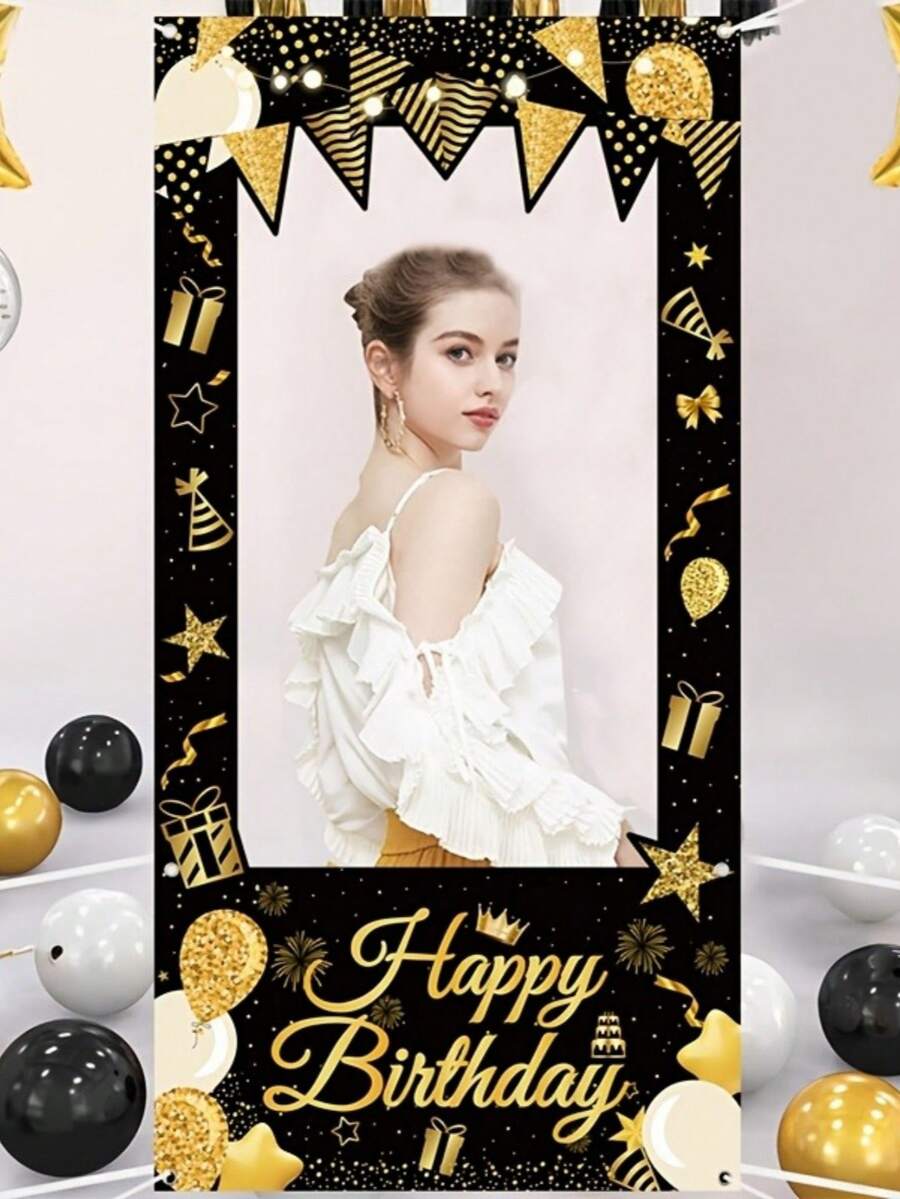AFYPRTY 1件裝生日快樂拍照框 黑金配色 聚酯纖維布料 自拍相框 生日派對拍照道具裝飾用品 - 彩色 - 查看 1