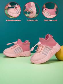New Soft, Breathable & Non-Slip Casual Sport Shoes With Elastic Mesh For Kids, Simple Design, Suitable For All Seasons, Lightweight And Easy To Wear - Pink - View 2