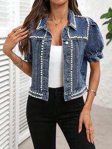 Chaqueta vaquera de mujer de estilo vintage con remaches y decoración de perlas falsas, look retro - Azul - Ver 4